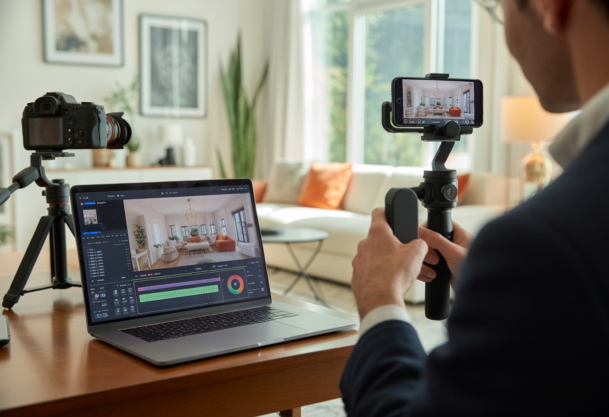 A real estate agent working on video editing on a laptop with a camera set up in a bright living room prepared for filming.