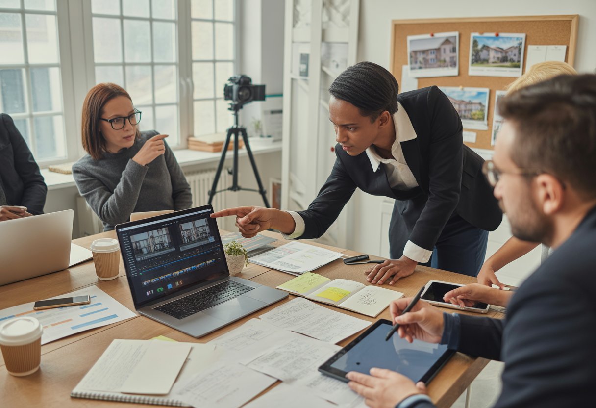 A group of people working together around a table with laptops, storyboards, and video equipment planning a real estate video project.