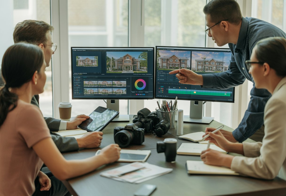 A group of professionals working together at a desk with computers and video equipment, planning and editing real estate videos.
