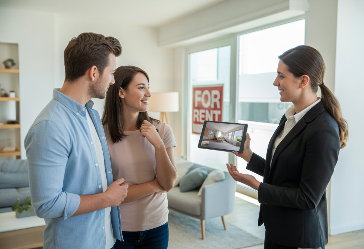 A real estate agent showing a young couple a rental apartment using a tablet with a video walkthrough inside a bright, modern apartment.