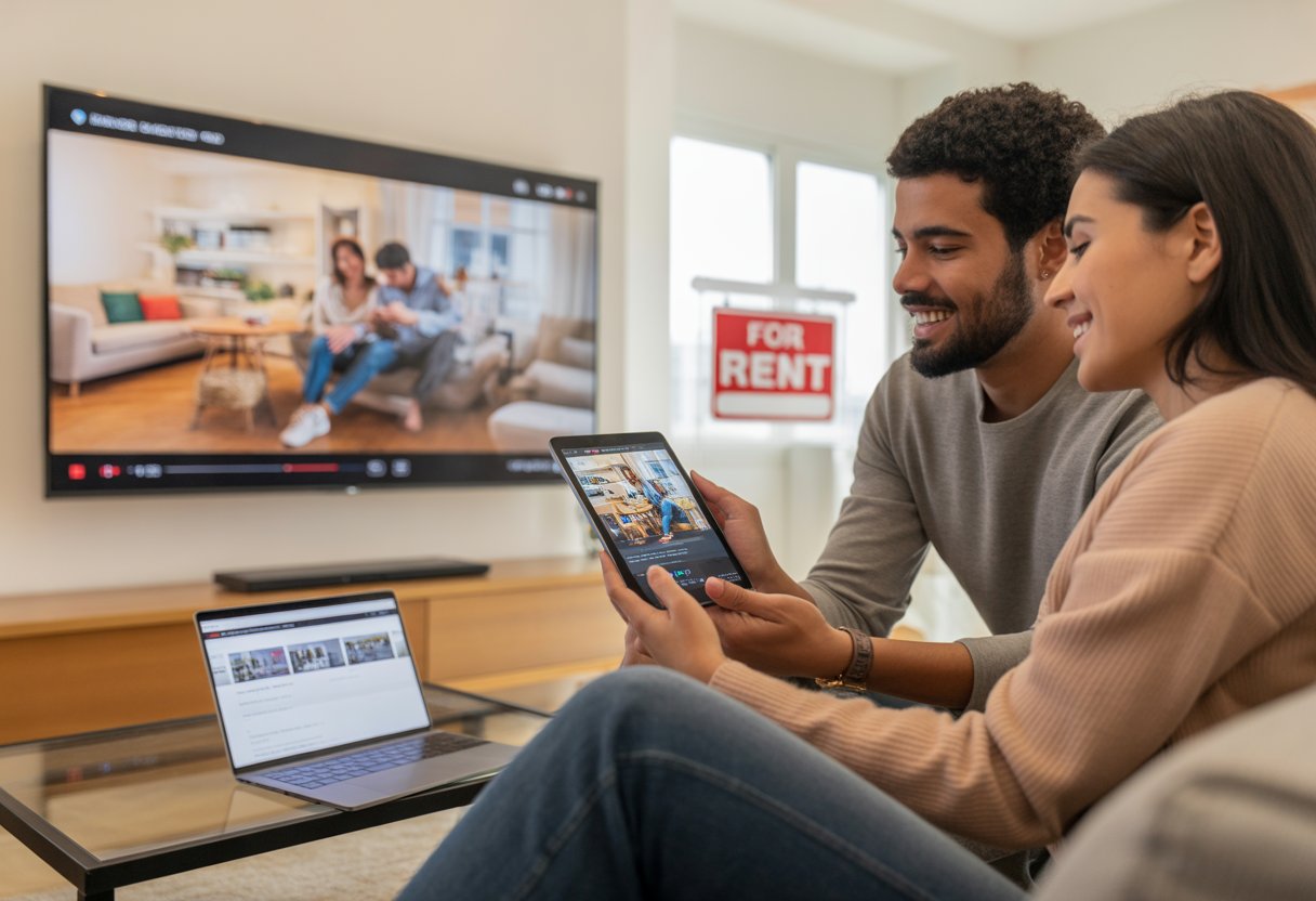 A young couple watching a video tour of an apartment on a tablet in a modern living room with a TV and a 'For Rent' sign visible outside.