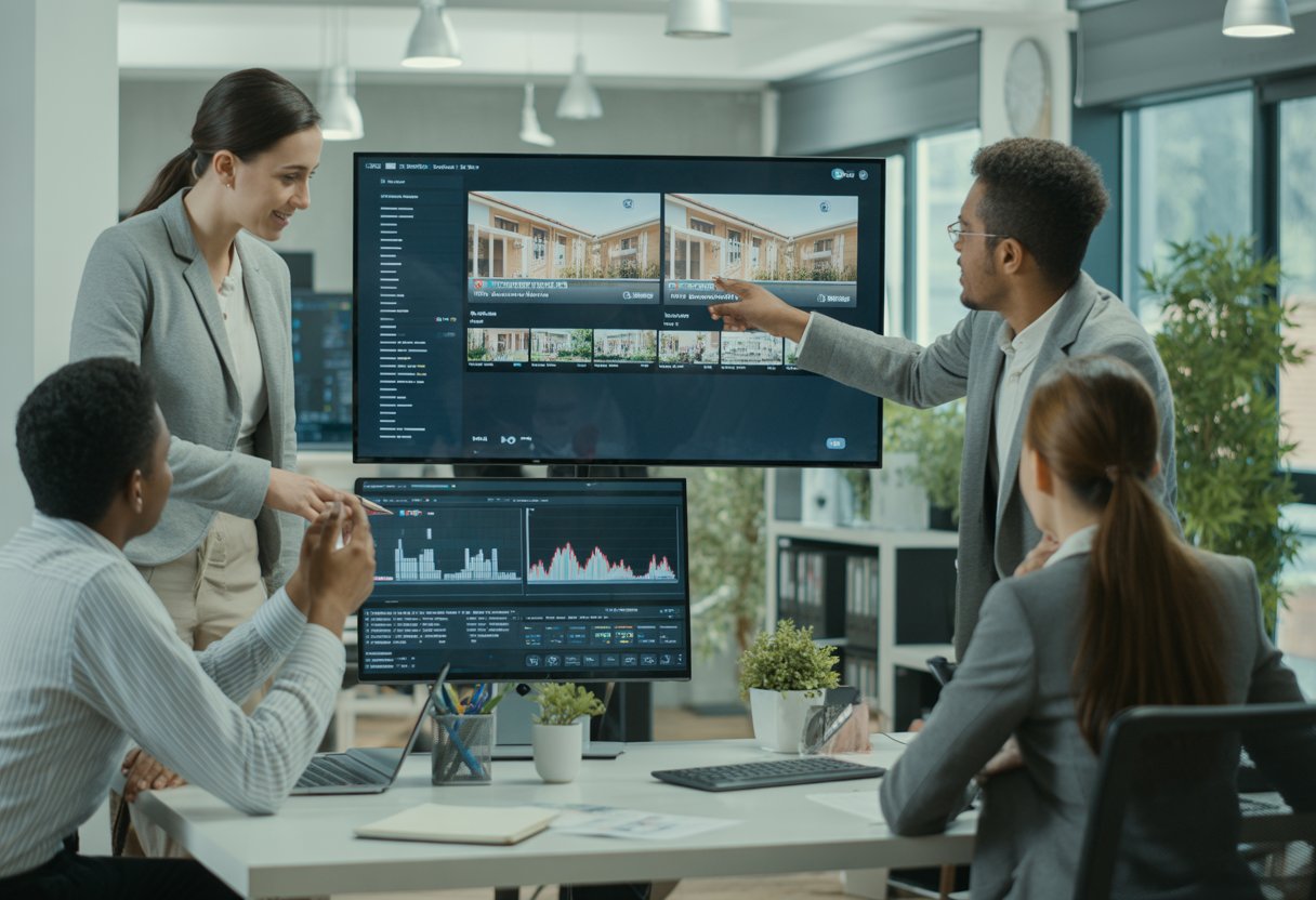 Real estate agents collaborating in an office around a large screen showing video content and property listings.