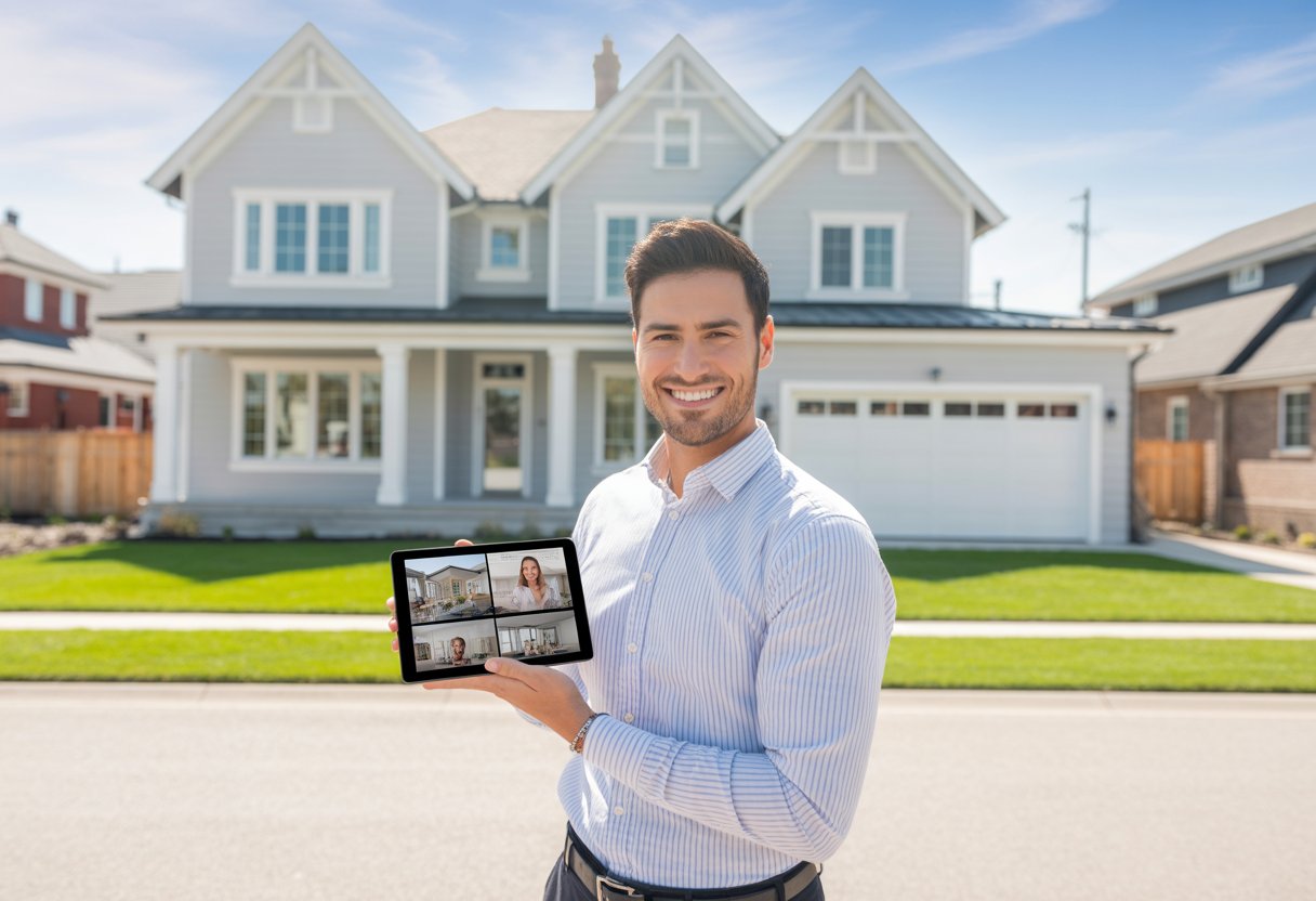 A real estate agent standing outside a renovated house holding a tablet.