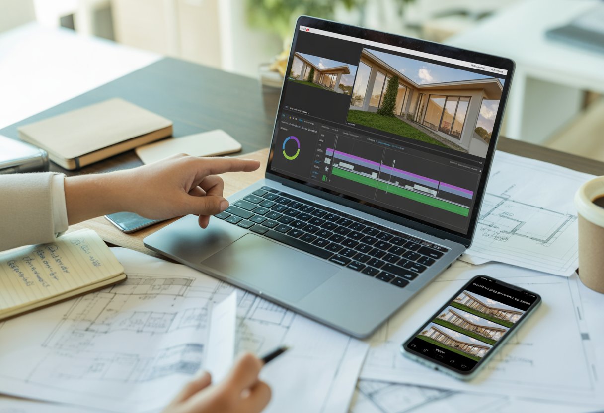 A person working on a laptop editing real estate videos with property photos and marketing materials on a desk in a bright office.