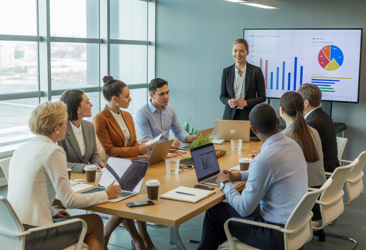 A group of real estate agents attending a training session in a conference room with a trainer presenting information on a large screen.