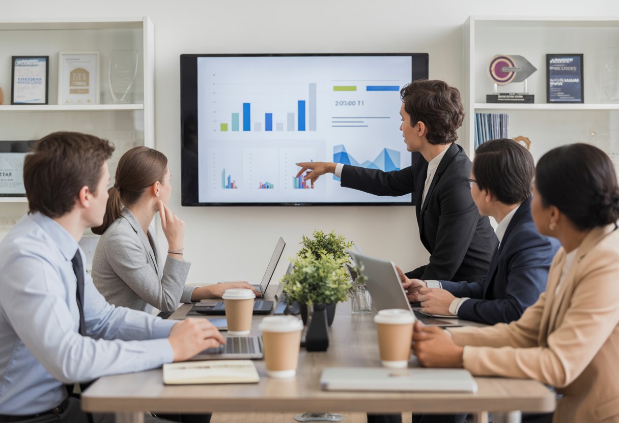 A group of real estate agents attending a training session in a conference room with a presenter and a screen showing real estate visuals.