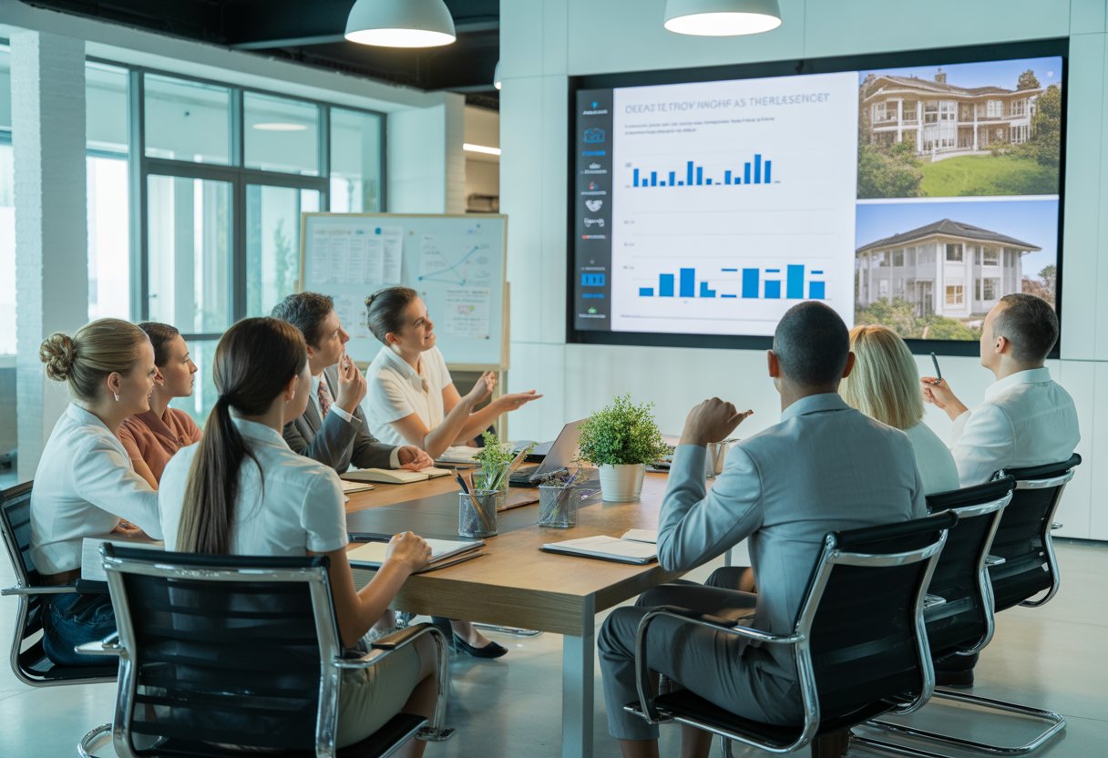 A group of real estate agents attending a training session in a modern conference room, watching a presentation on a large screen.